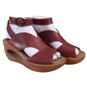 Fly London Yodefly Hert Leather Wedge Sandals Red Platform Ankle Wrap Strap 35